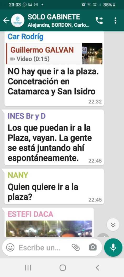 Chat de WhatsApp de Ines Brizuela y Doria invitando a manifestarse